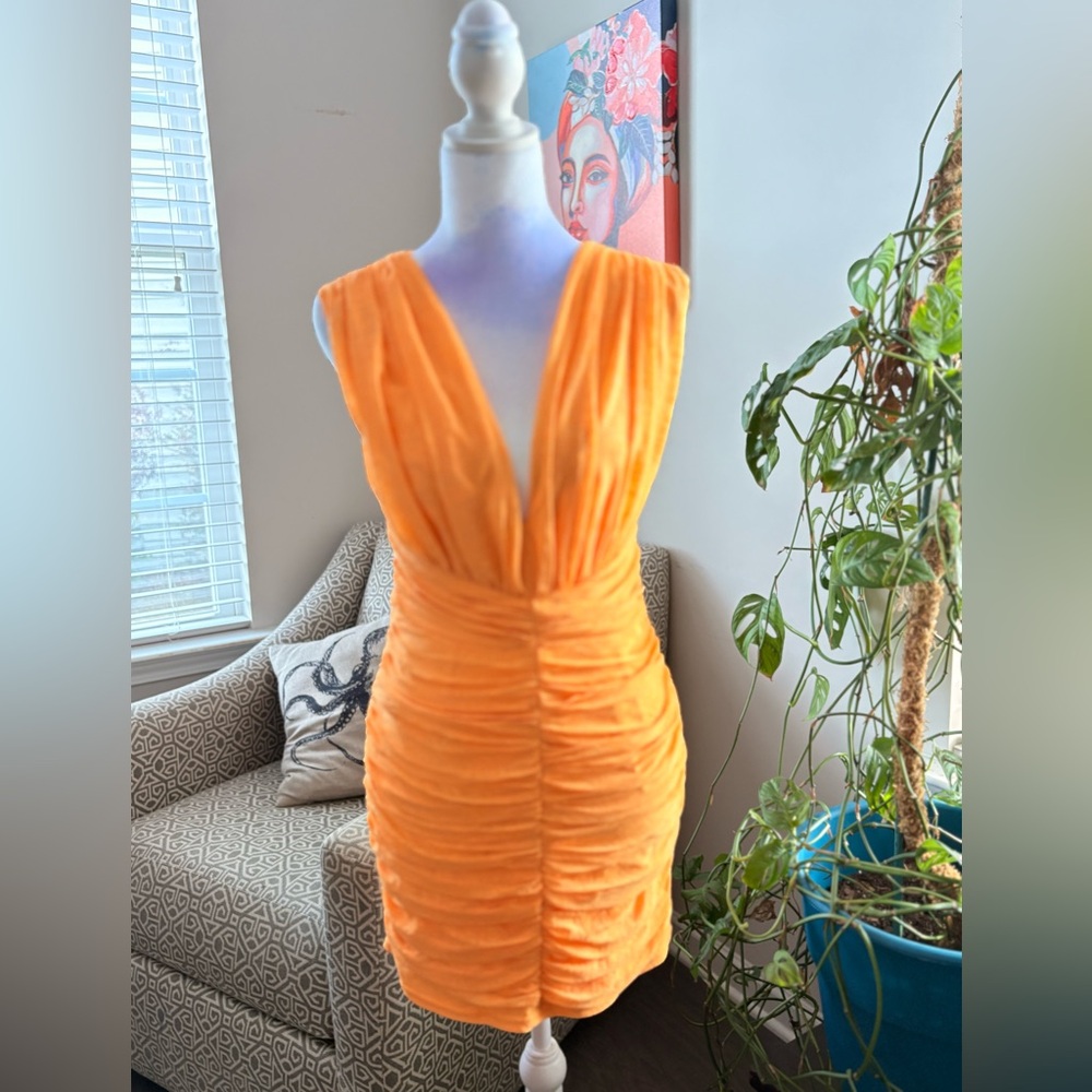 vestique Deep V-Neck Orange Ruched Prom Dress